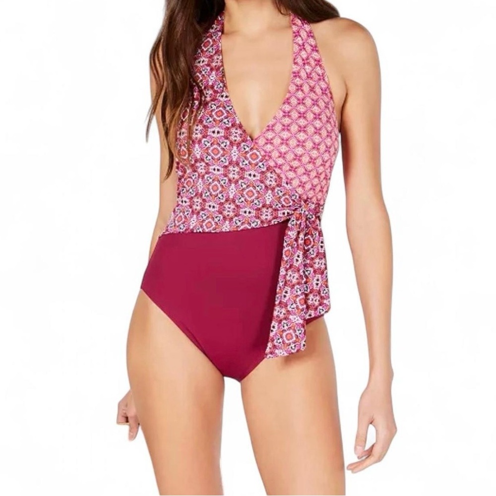 Lauren Ralph Lauren Resort Wrap Halter One Piece Swimsuit Tile Print Sz 14 NWT